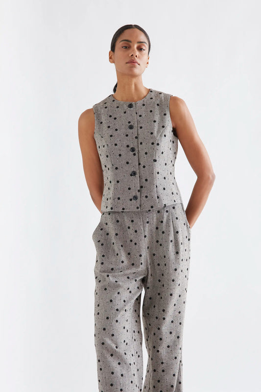 Gray tweed vest with embroidered black flowers
