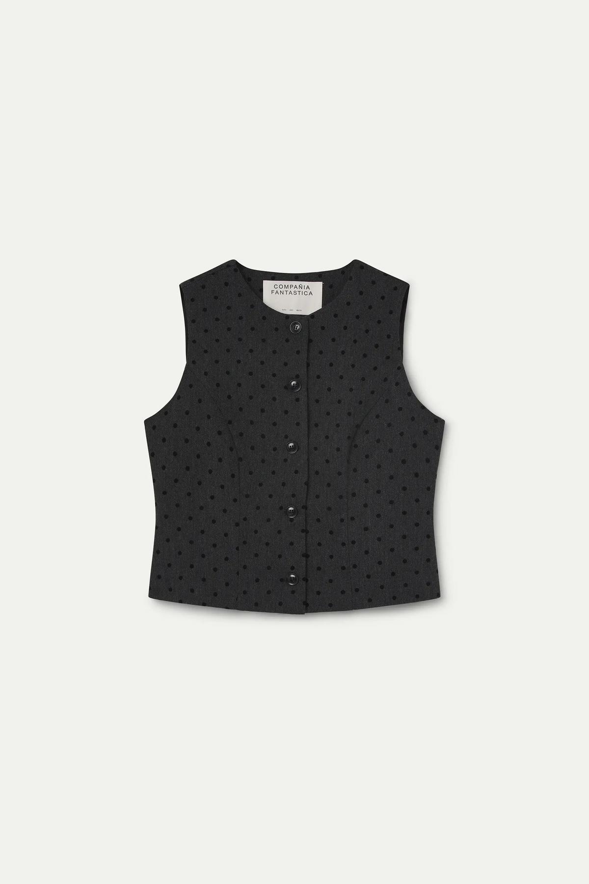 Gilet tweed grigio con pois neri