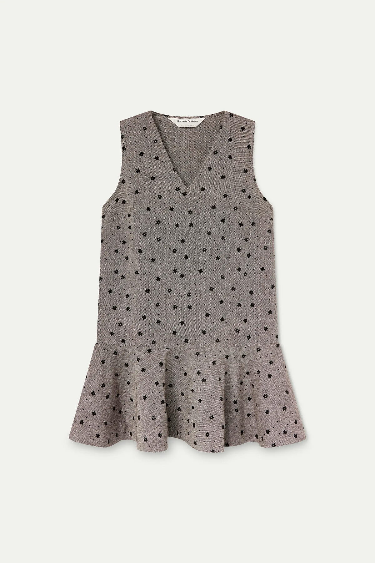 Vestido corto tweed gris con flores negras bordadas