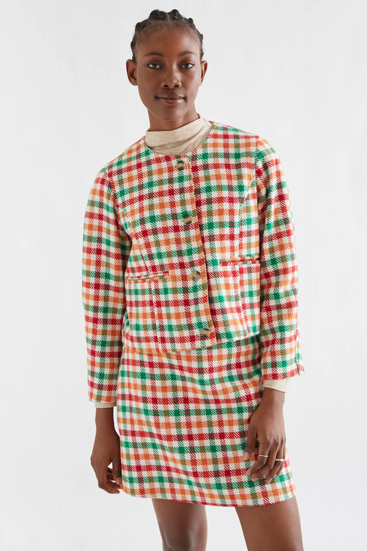 Chaqueta tweed con estampado de cuadro multicolor