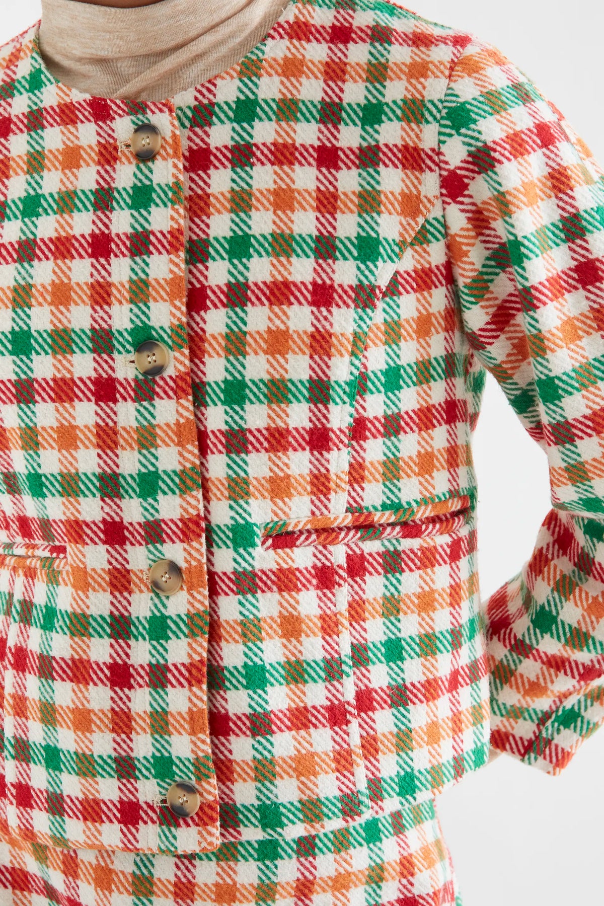 Chaqueta tweed con estampado de cuadro multicolor