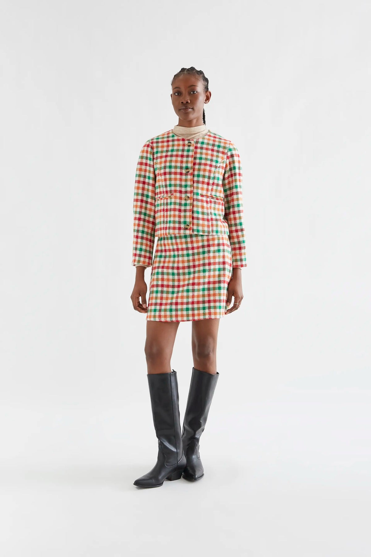 Chaqueta tweed con estampado de cuadro multicolor
