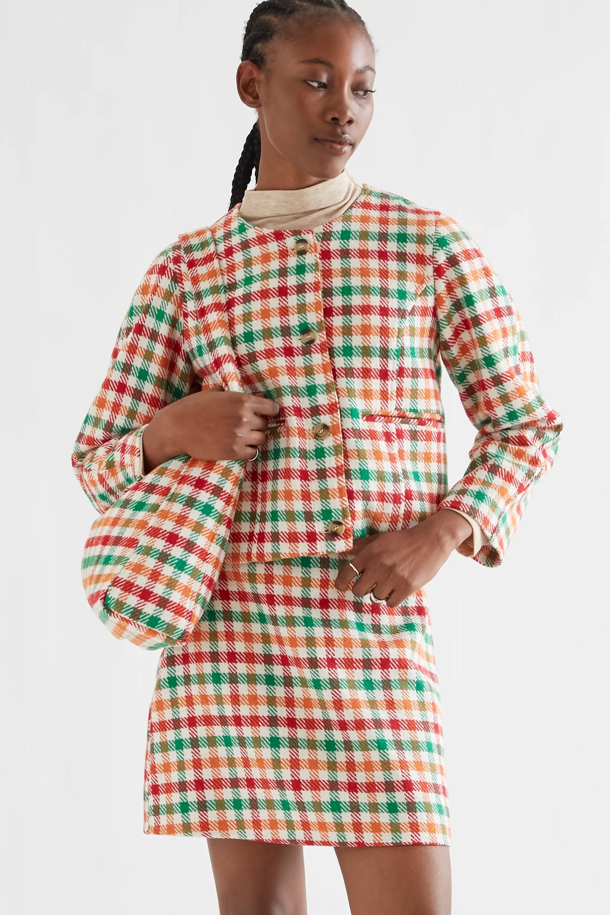 Chaqueta tweed con estampado de cuadro multicolor