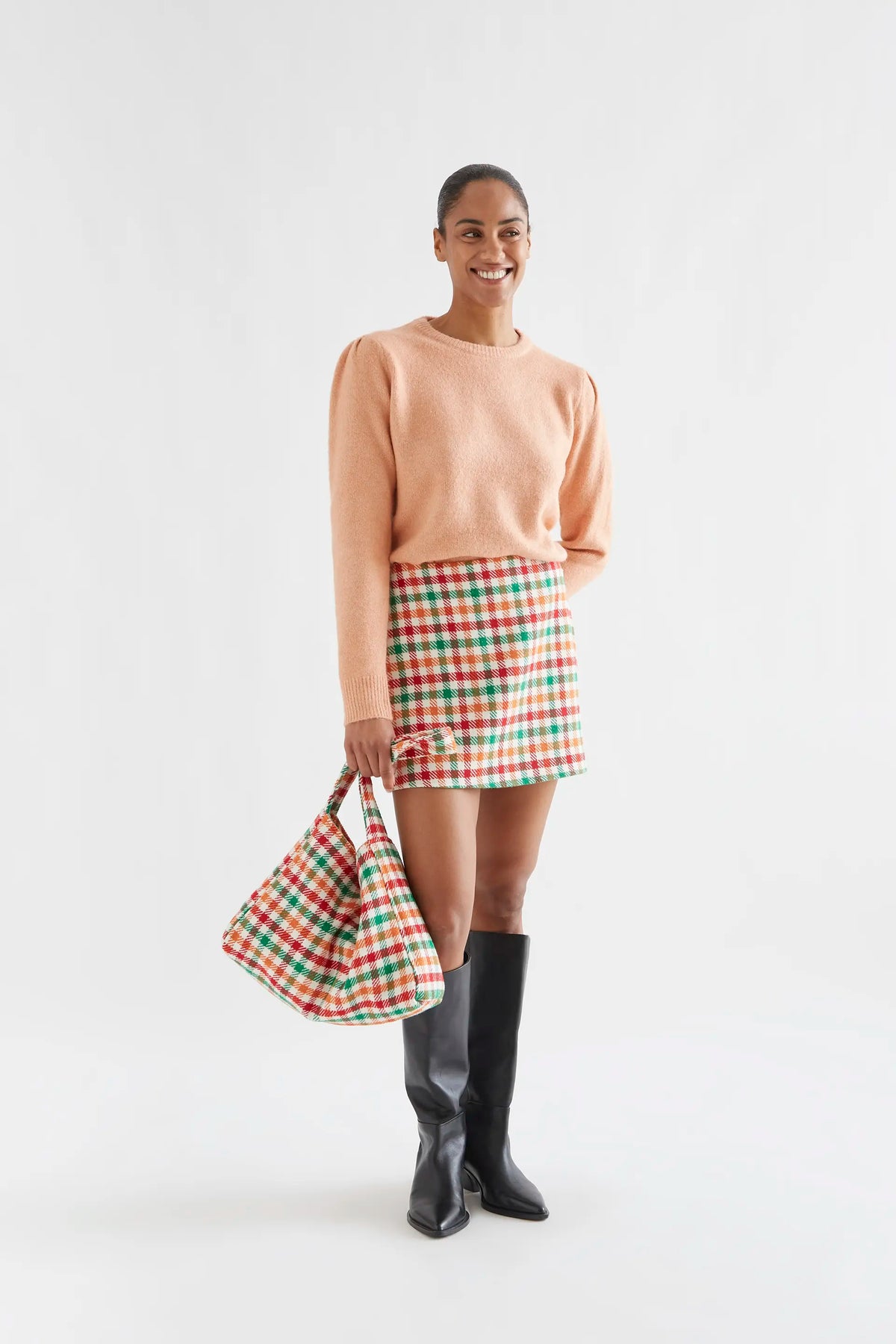 Falda corta tweed con estampado de cuadro multicolor