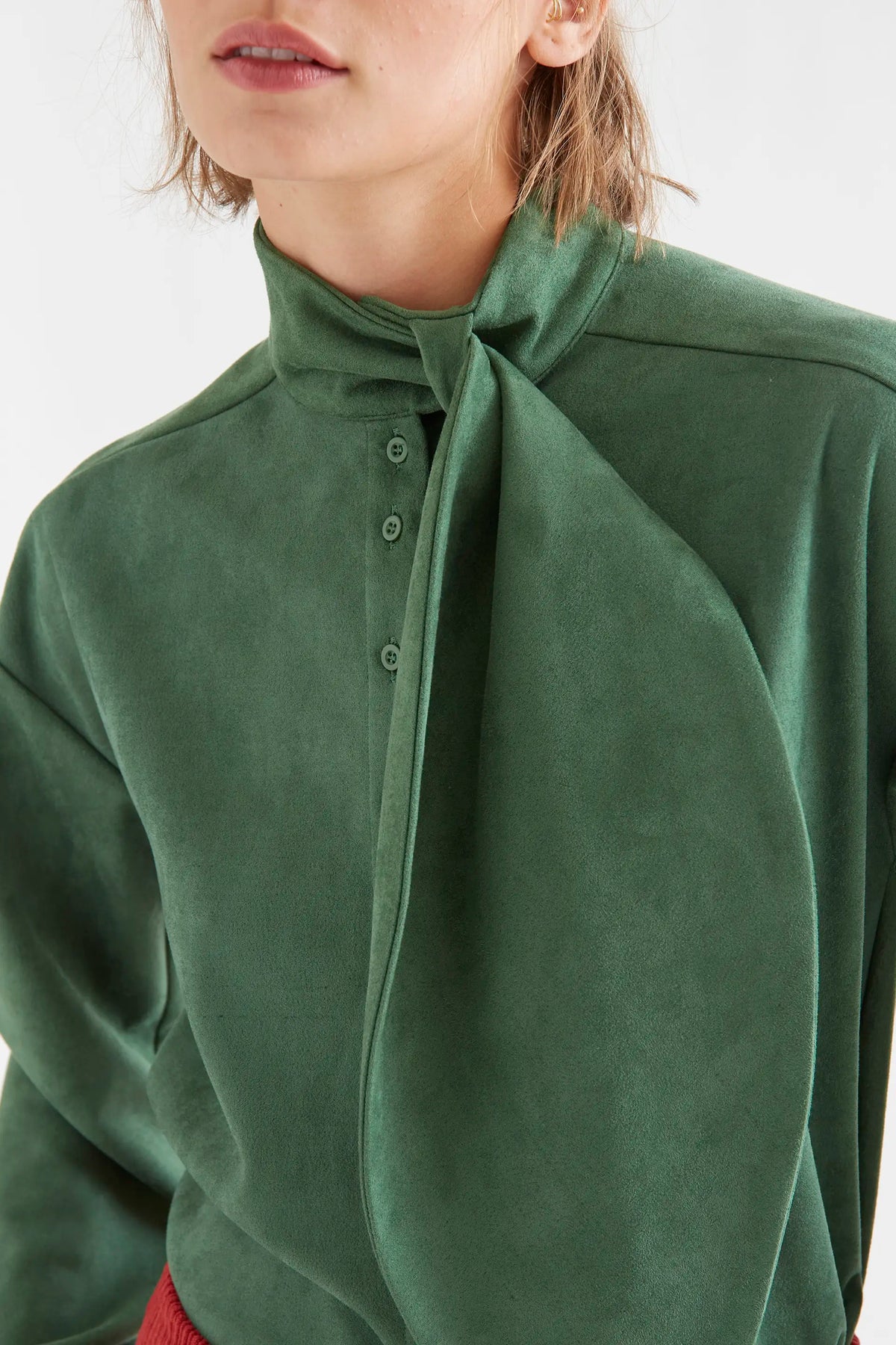 Green suede shirt with maxi bow