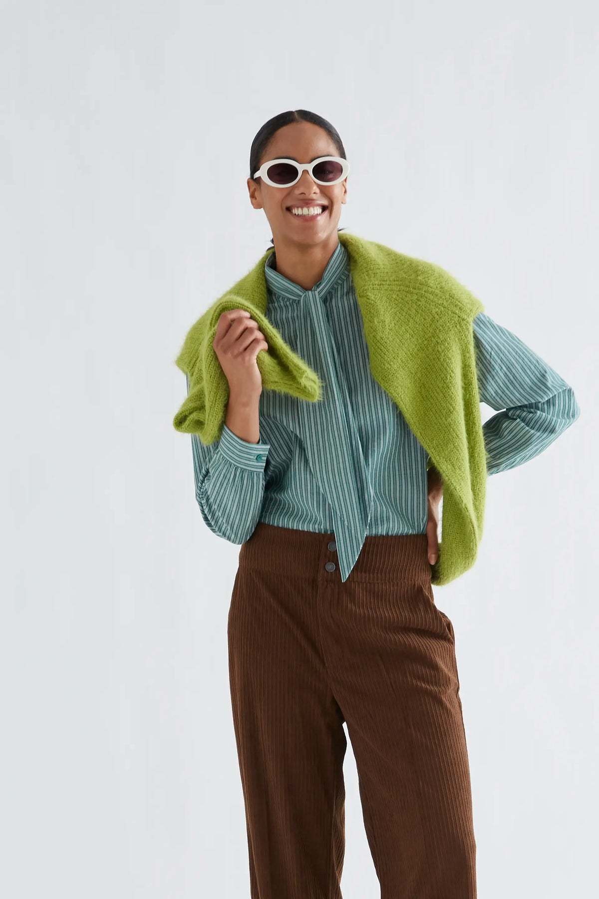 Maxi tie-front green striped shirt