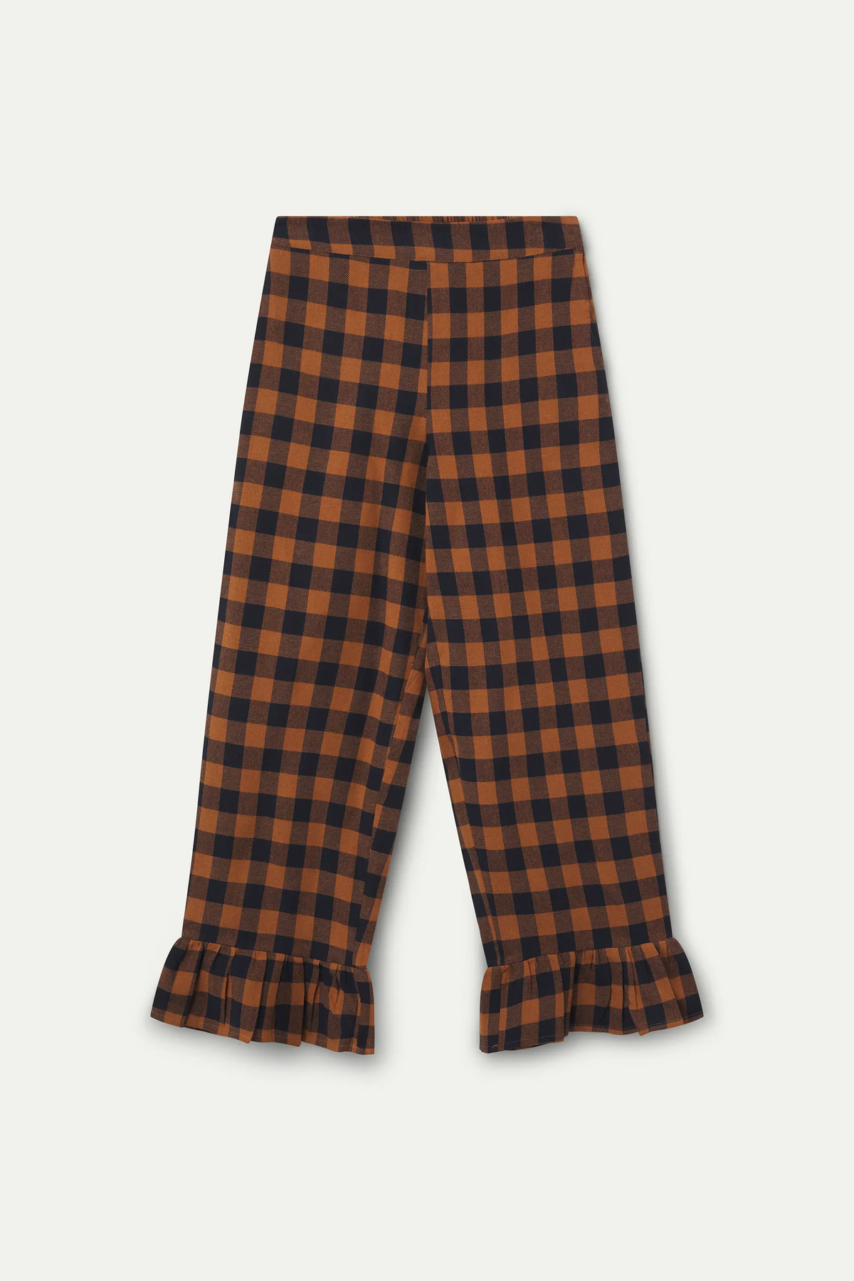 100% cotton pants with a brown and navy plaid pattern