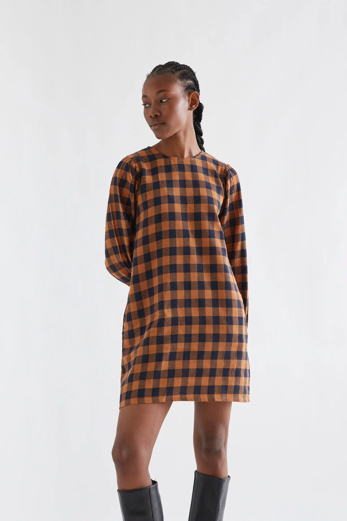 Short 100% cotton dress with brown and navy blue plaid print
