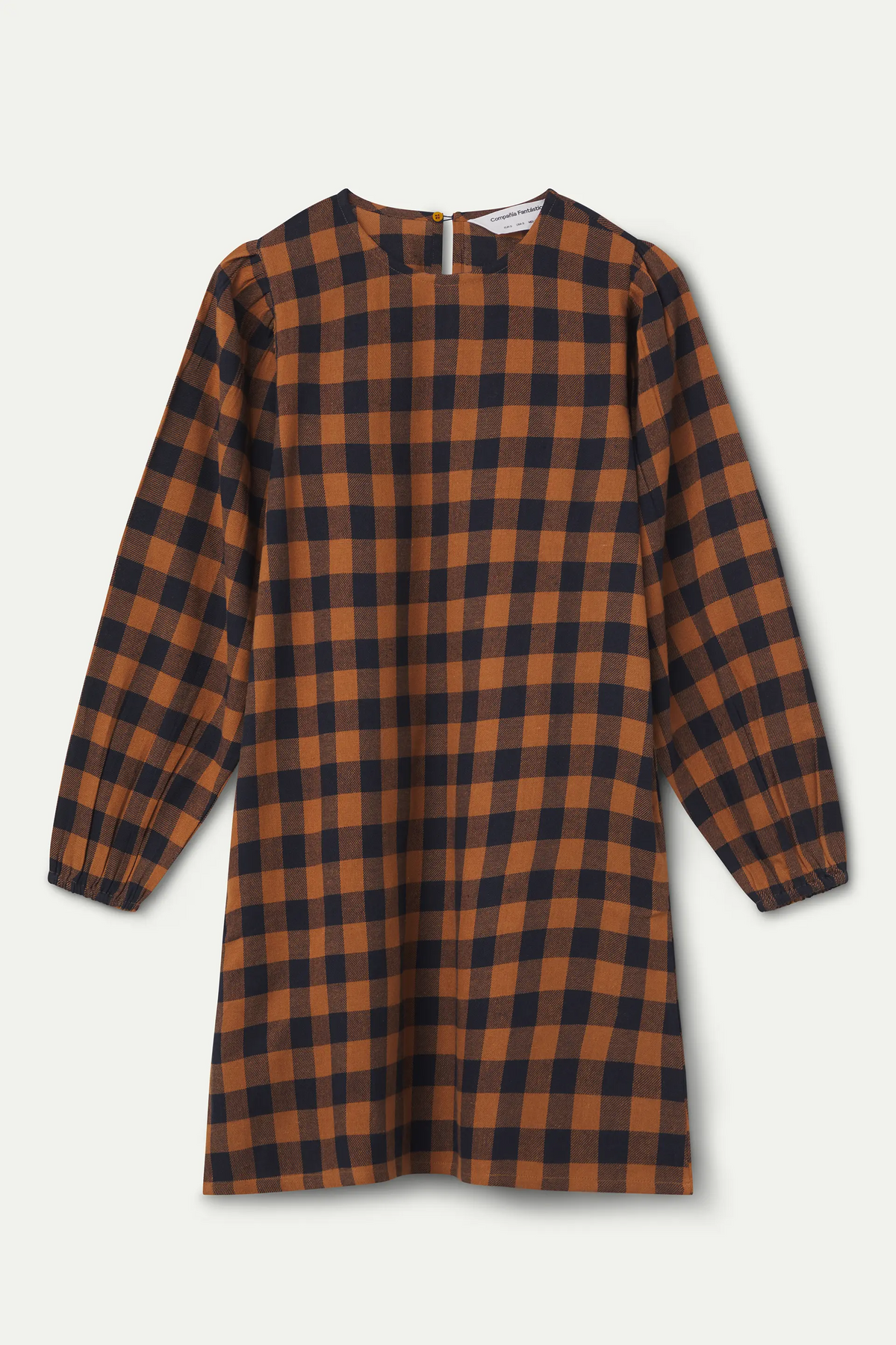 Short 100% cotton dress with brown and navy blue plaid print