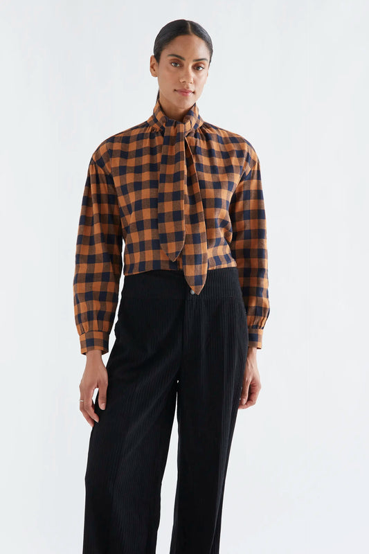 100% cotton lace-up shirt with brown and navy plaid print