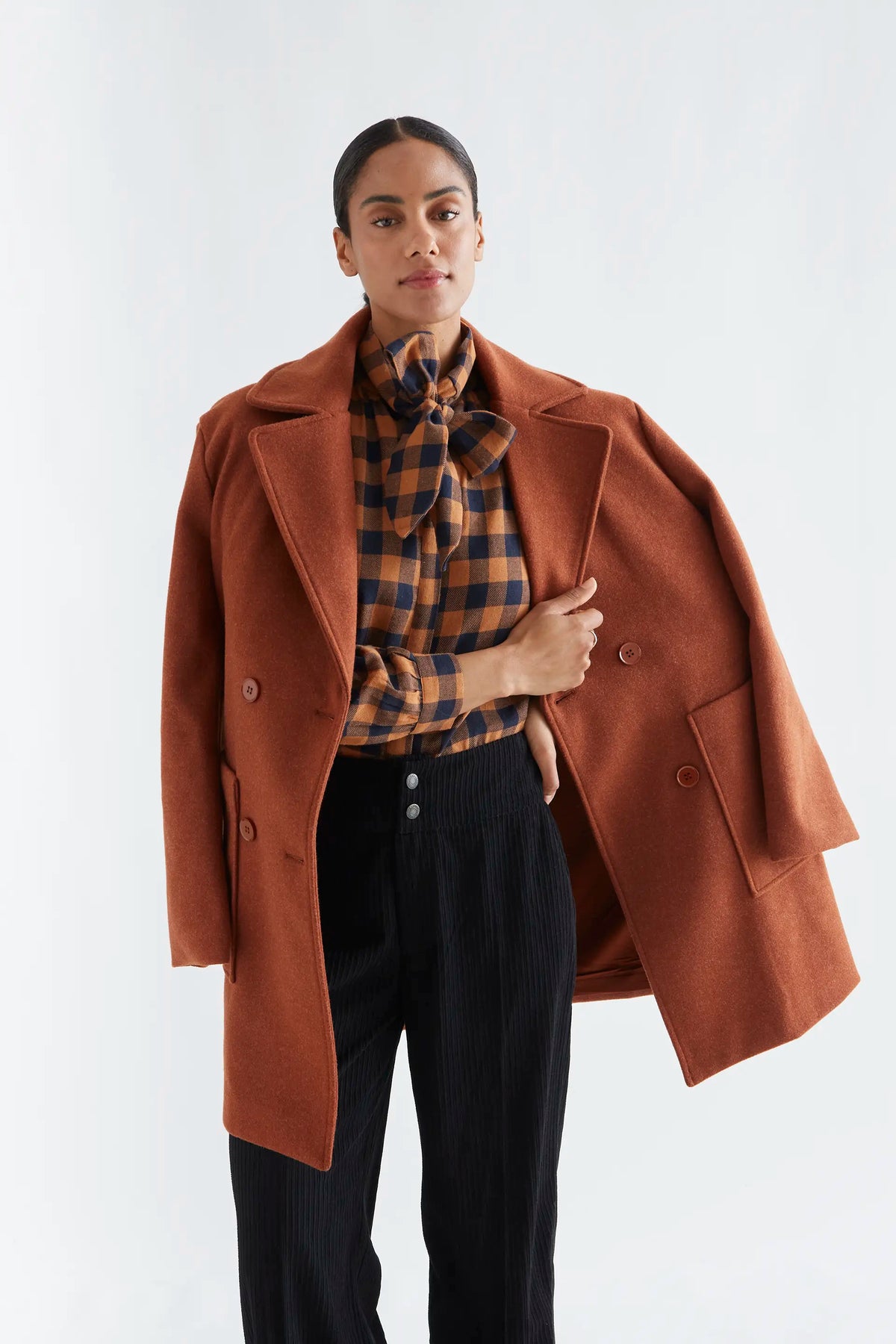 100% cotton lace-up shirt with brown and navy plaid print