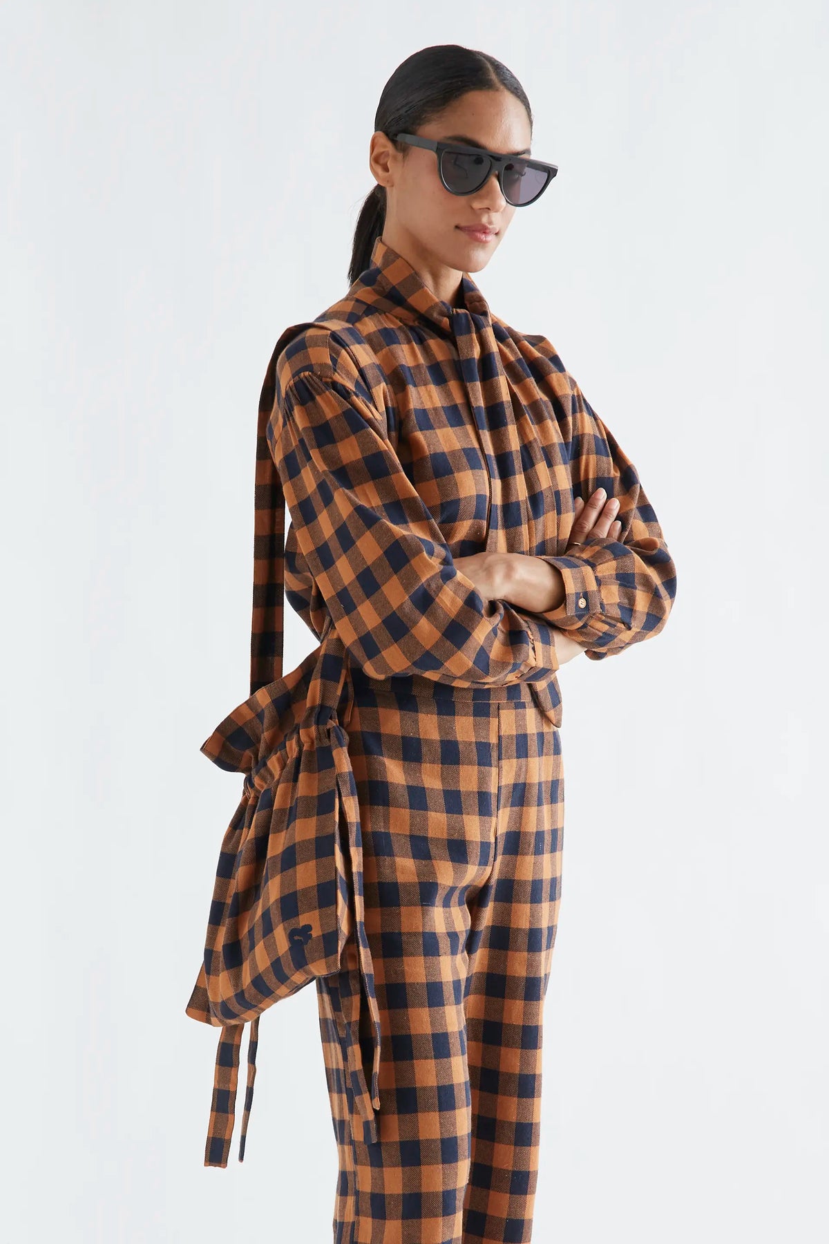 Brown and navy check shoulder bag
