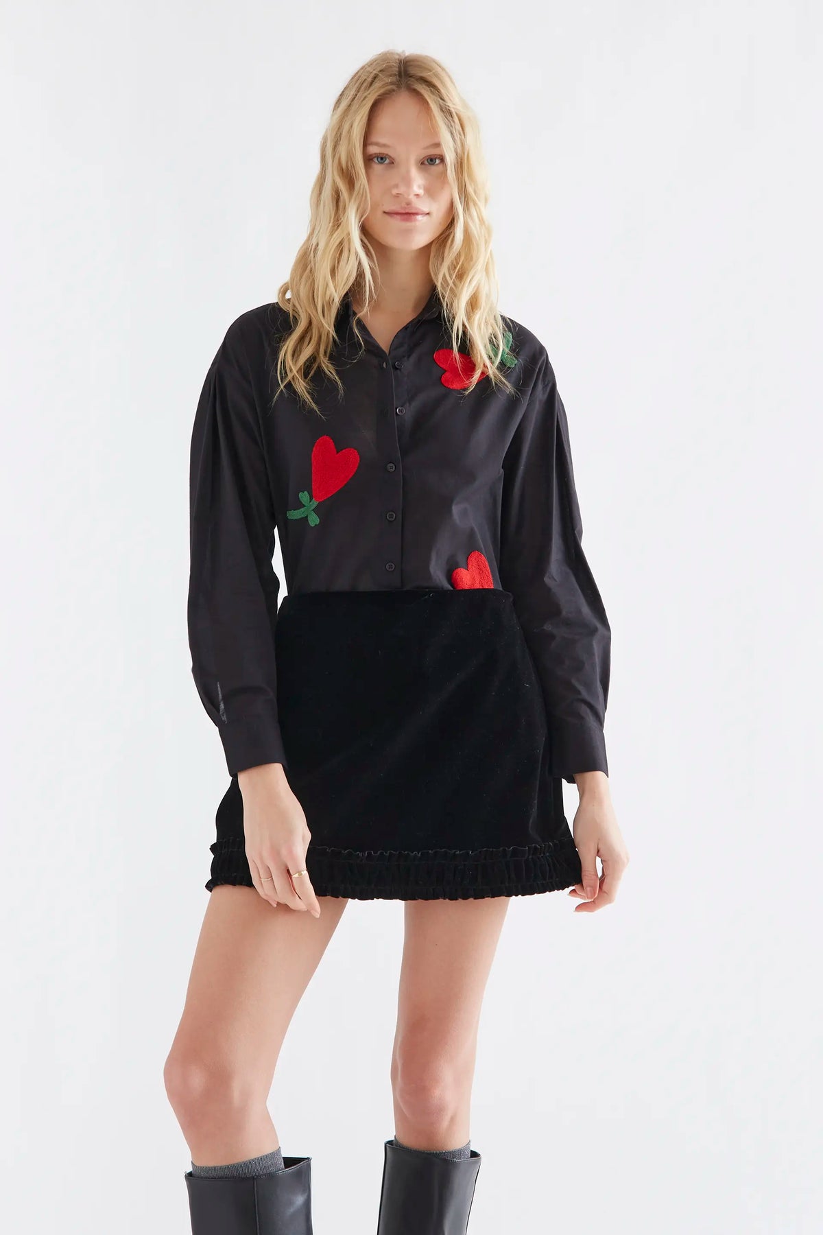 100% black cotton shirt with embroidered "CF" heart