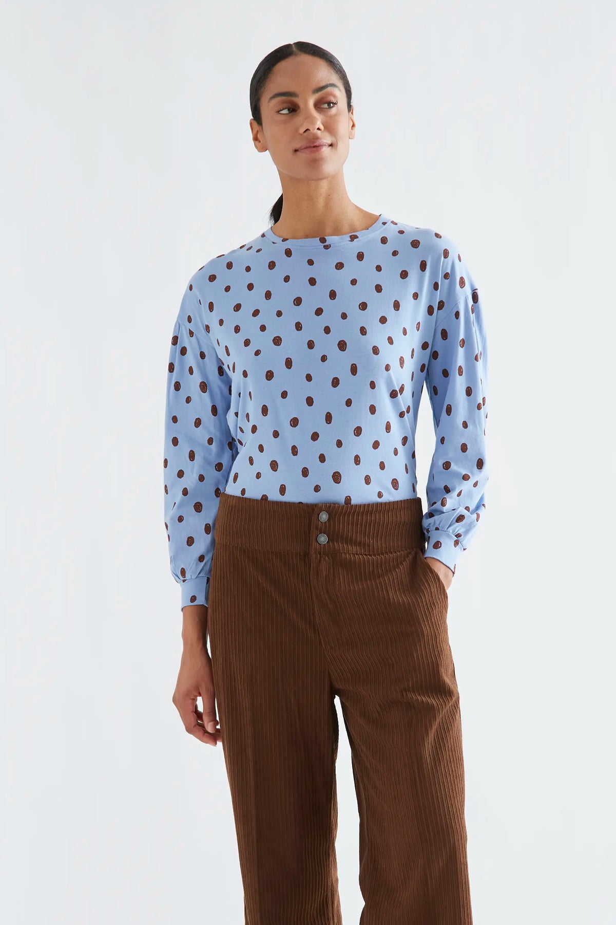 Catahoula blue 100% cotton T-shirt with brown polka dot print