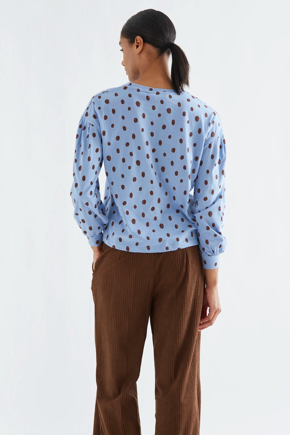 Catahoula blue 100% cotton T-shirt with brown polka dot print