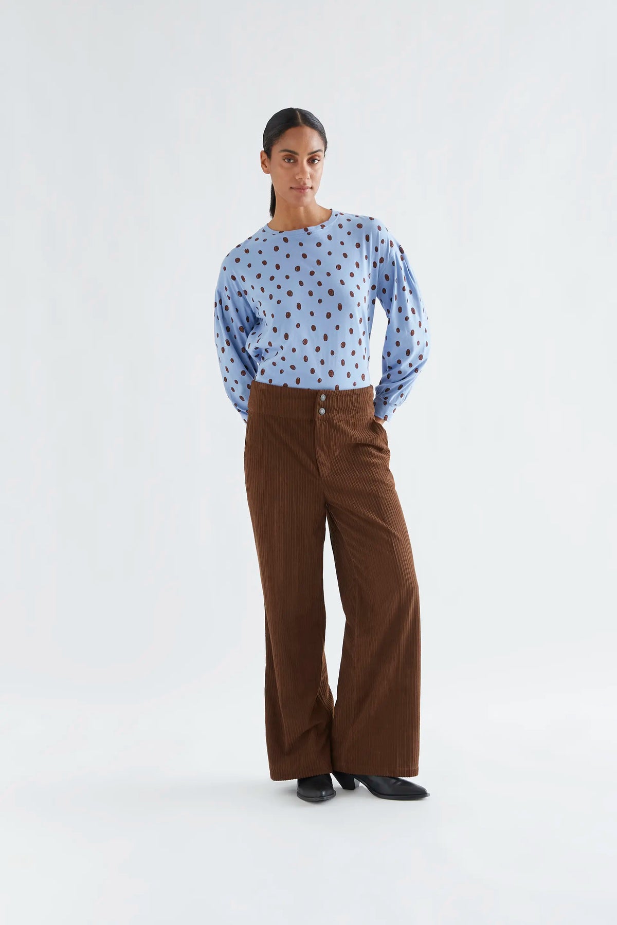 Catahoula blue 100% cotton T-shirt with brown polka dot print
