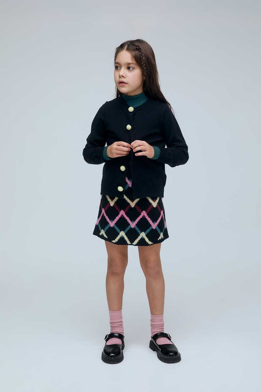 Cardigan nero da bambina con bottoni a pompon
