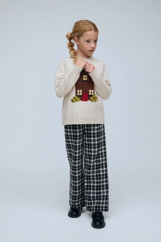 Pantalón de niña 100% algodón con estampado de cuadros negro y blanco